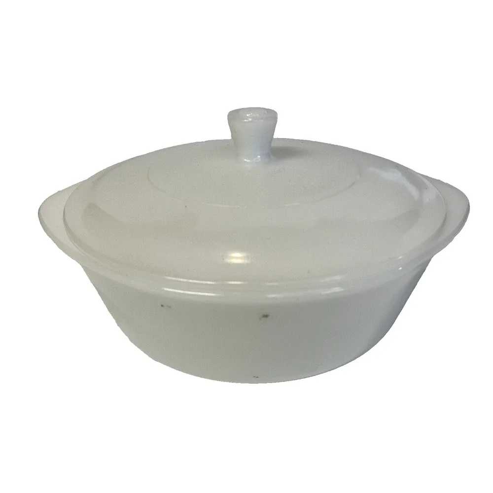 Glasbake White Milk Glass Covered Casserole Dish Metal Carry Basket USA‎ Japan